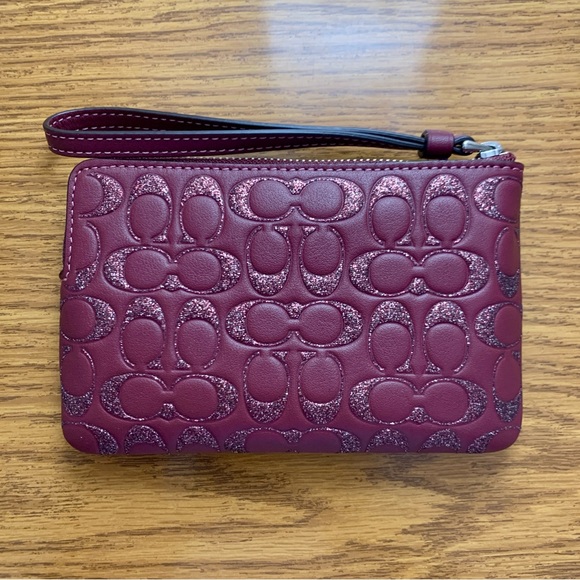 Coach Corner Zip Wristlet Wine Glitter Signature Leather - Picture 3 of 12